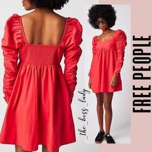 Free People mini dress babydoll dress cotton puff sleeves ruched pleated